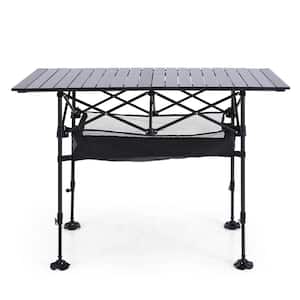 Black Rectangle Roll-Up Aluminum Tabletop Metal Frame Foldable Camping Picnic Table with Adjustable Height and Carry Bag