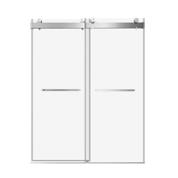 56 in. to 60 in. W x 76 in. H Sliding Frameless Shower Door in Brushed Nickel Finish with Tempered Glass