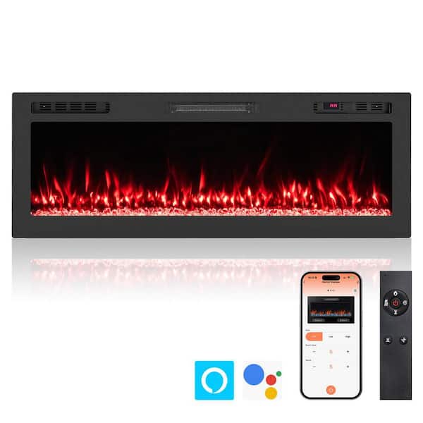 50 in. Wall Mount Metal Smart WiFi Electric Fireplace Work with Alexa & Google Assistant & Recessed in Black