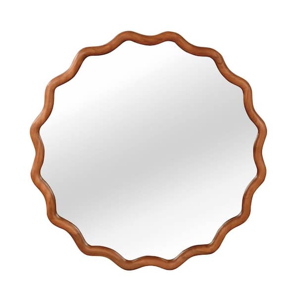 Mirrot Yellowish-Brown 24 in. W x 24 in. H Wavy Round Solid Wood Framed Wall Mirror