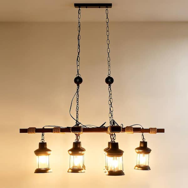 OUKANING 39 in. 8-Light Vintage Industrial Brown Wooden Farmhouse