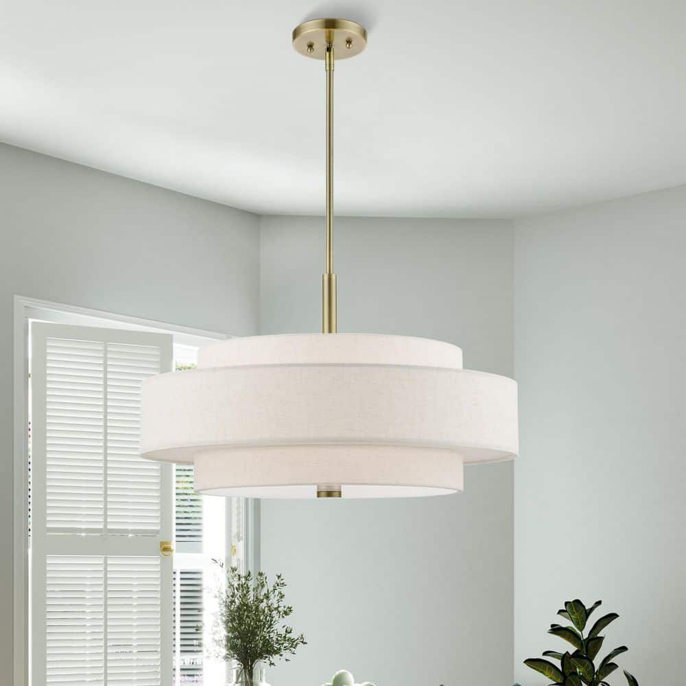 Somerhill 60-Watt 5-Light Antique Brass Shaded Pendant Light with Fabric Shade, No Bulbs Included price history on PriceWatchPro