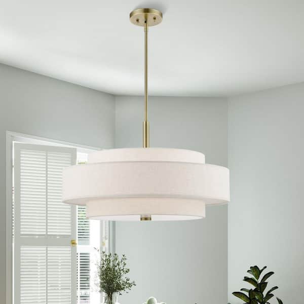 AVIANCE LIGHTING Somerhill 60-Watt 5-Light Antique Brass Shaded Pendant Light with Fabric Shade, No Bulbs Included