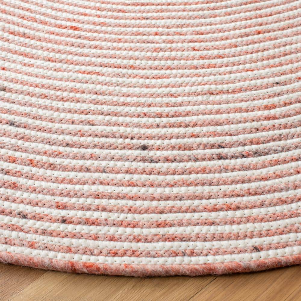 Handwoven Red and Ivory Wool Round Braided Area Rug, 3' x 3'