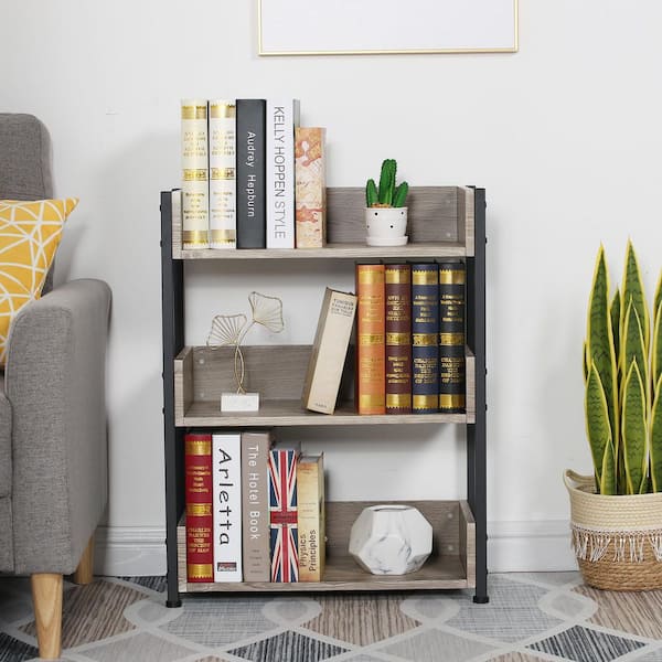 VECELO Compact 3-Tier Bookshelf, Rustic Wood Storage Organizer
