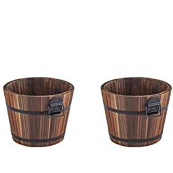 8 in. L x 8 in. W x 6.7 in. H Brown Indoor Outdoor Cedar Wood Barrel Flower Pots Set Rustic Planters w/ Drainage 2 Pack