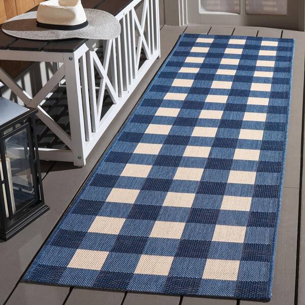 Courtyard Blue/Beige 2 ft. x 7 ft. Plaid Grid Indoor/Outdoor Runner Rug
