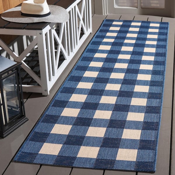 Courtyard Blue/Beige 2 ft. x 8 ft. Plaid Grid Indoor/Outdoor Runner Rug