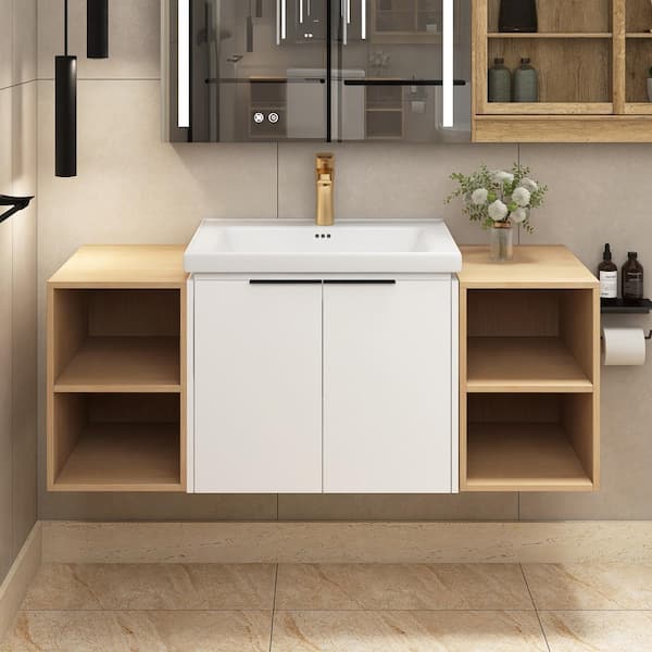 48 in. W x 18.5 in. D x 21 in. H Floating Bath Vanity in White with White Ceramic Sink and 2-Small Storage Shelves