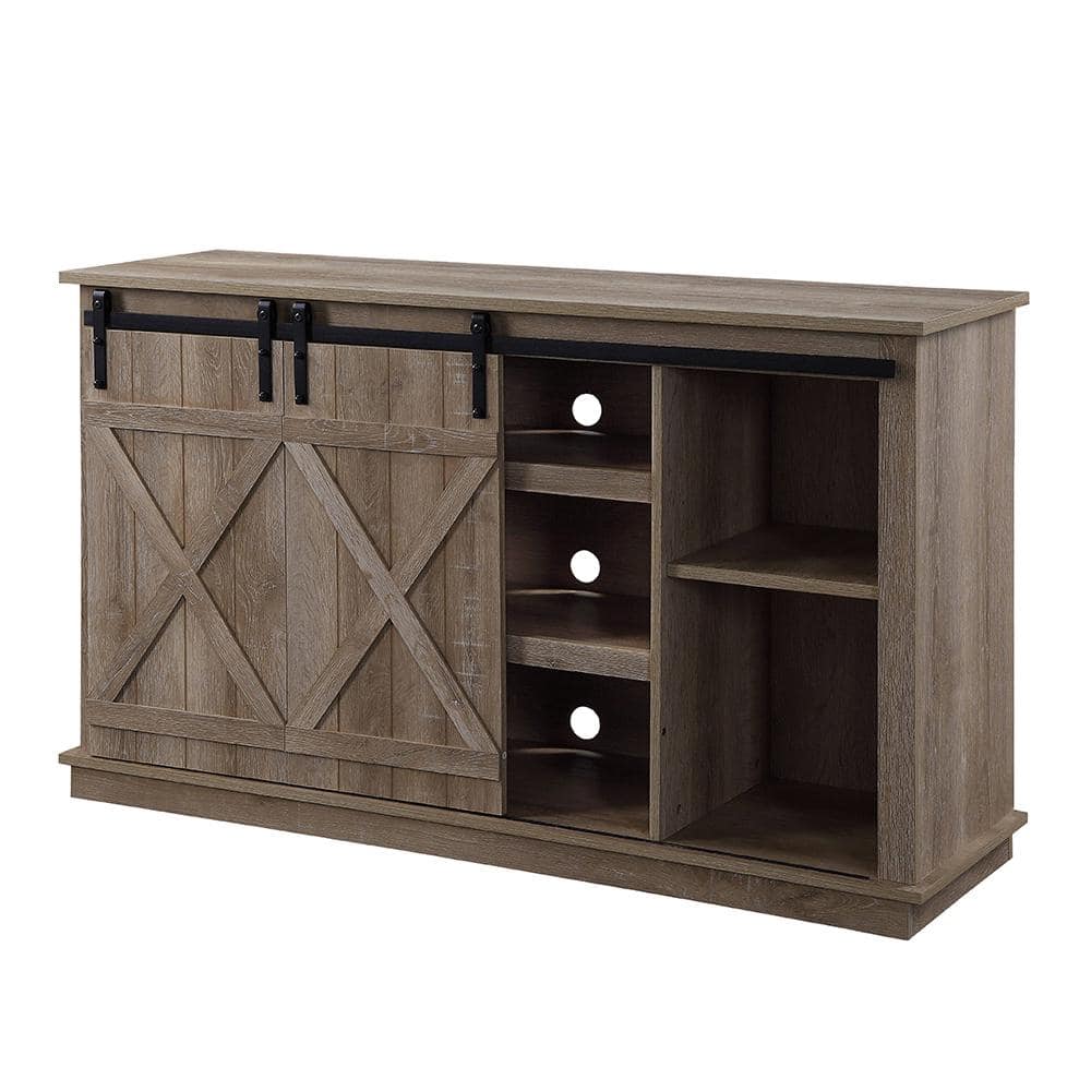 Rustic Oak Corner TV Stand with Sliding Barn Doors