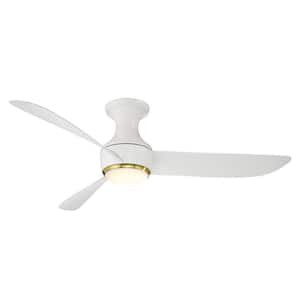 Corona 52 in. Smart Indoor/Outdoor 3-Blade Flush Mount Ceiling Fan in Matte White Satin Brass Trim 3000K LED and Remote