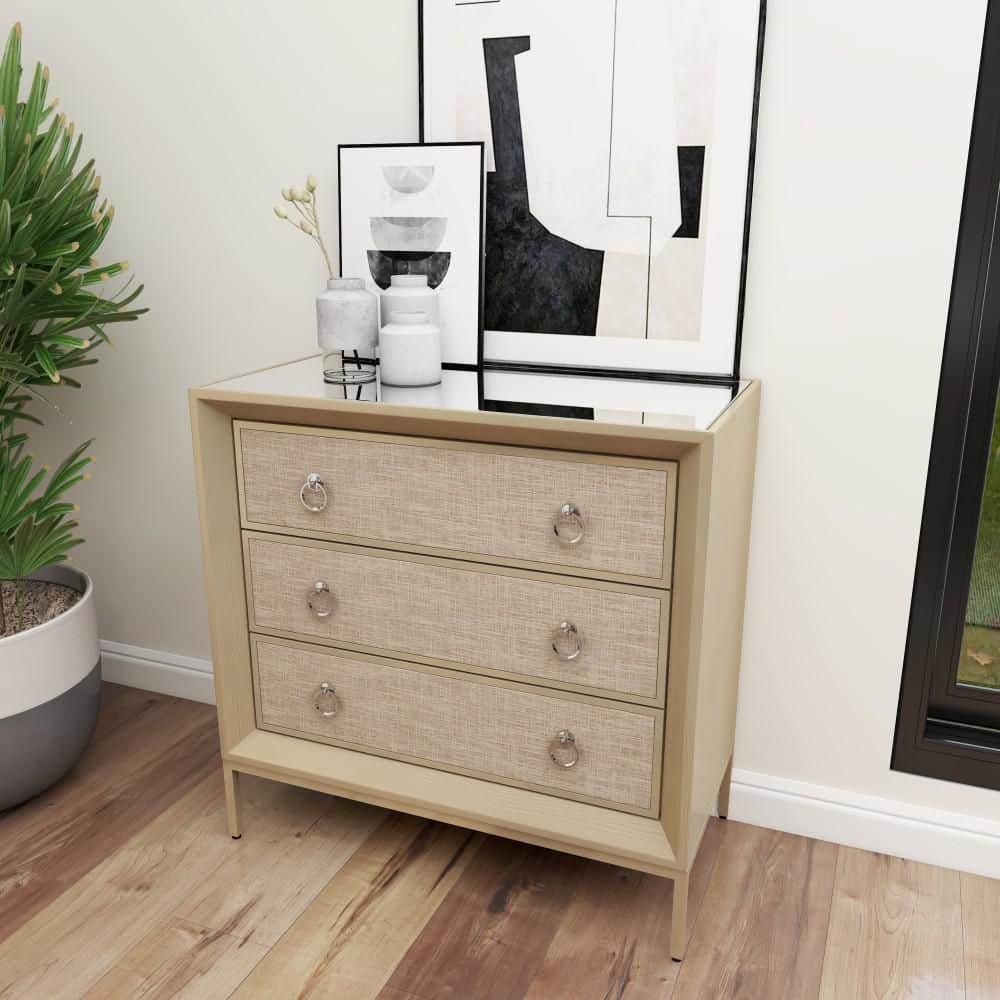 Beige Upholstered 3 Drawer Chest with Mirrored Top and Ring Handles