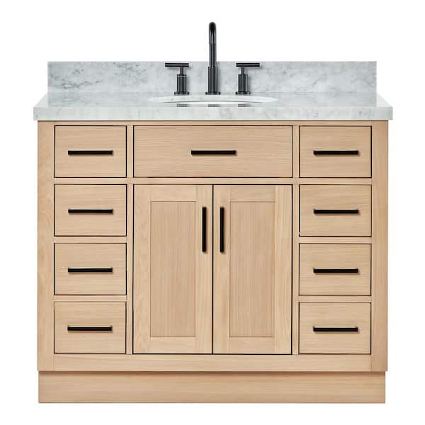 Hepburn 43 in. W x 22 in. D x 36 in. H Single Freestanding Bath Vanity in Oak with Italian Carrara Marble Top