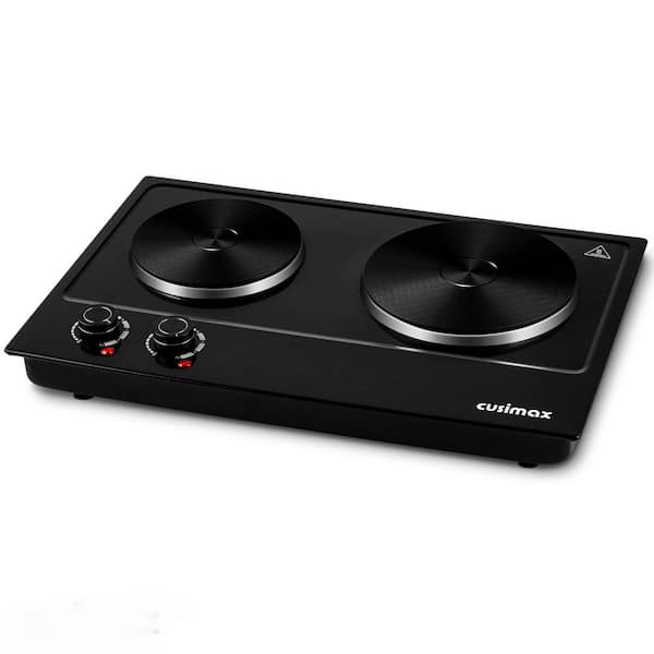 JEREMY CASS Double Die-Cast Burner 7.4 in. and 6.1 in. Black Hot Plate with 7-Gear Temperature Controls and Heat Resistant Knob