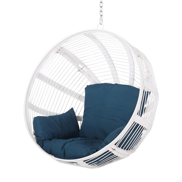 Noble House Thieroff 45 in. White Rope Weave Hanging Basket Chair with Dark Teal Cushions (NO STAND)