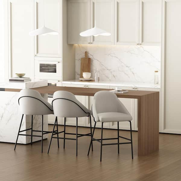 Manhattan Comfort Gracie 26 in. Modern Stone and Black Metal Frame Counter Height Bar Stool with Faux Leather Upholstered Seat (Set of 3)