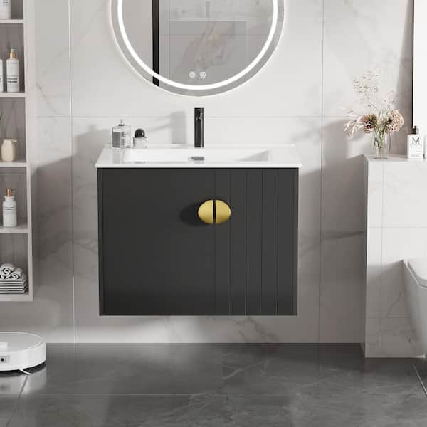 Simple Project 23.8 in. W x 18.5 in. D x 20.7 in. H Floating Bath Vanity in Black with White Ceramic Top Basin, Wall Mounted