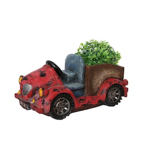 7.25 in. Distressed Red Vintage Car LED Lighted Solar Powered Outdoor Garden Patio Planter