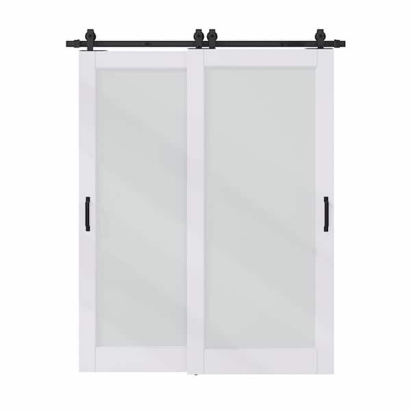 64 in. x 80 in. (Two 36 in.) Bypass Save Space 5 Lite Frosted Glass White Primed MDF Sliding Barn Door with Hardware Kit