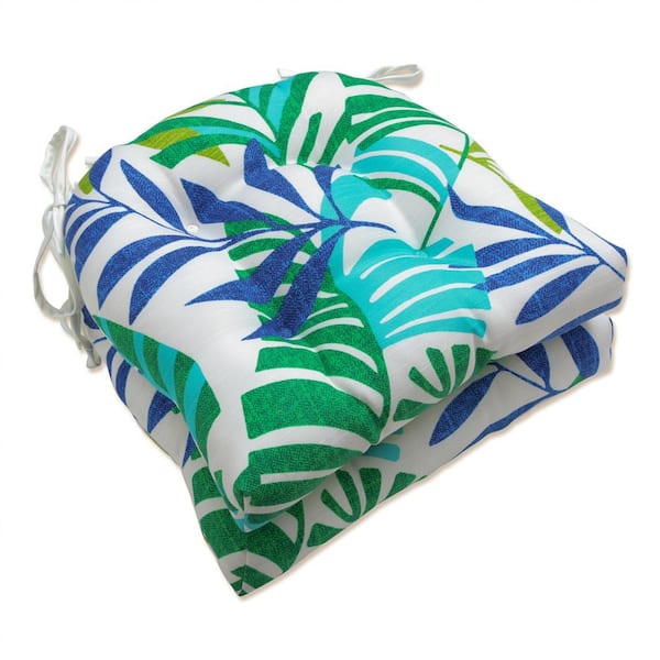 Pillow Perfect Floral 16 in. x 15.5 in. Outdoor Dining Chair Cushion in Blue/Green/Off-White (Set of 2)