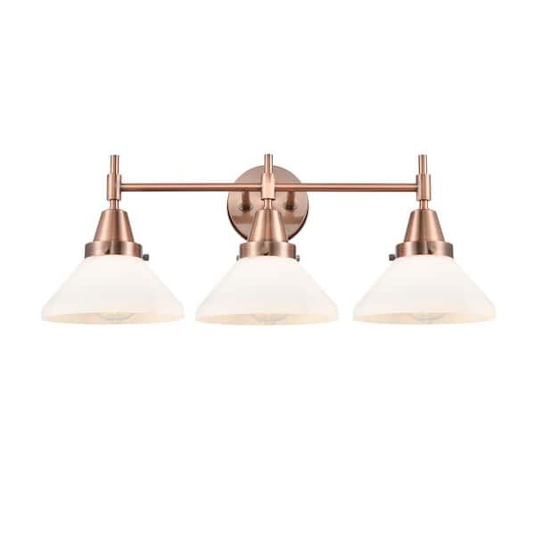 Caden 26 in. 3-Light Antique Copper, Matte White Vanity Light with White Glass Shade