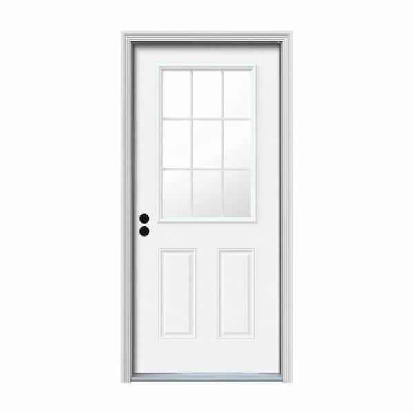 JELD-WEN 36 in. x 80 in. 9 Lite White Painted Steel Prehung Right-Hand Inswing Entry Door w/Brickmould
