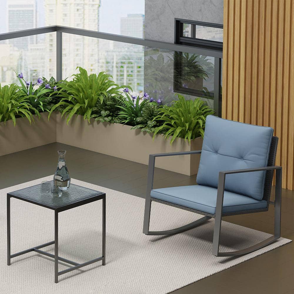 Gray Cushioned Steel Rocking Bistro Set with Glass Table
