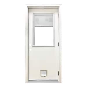 32 in. x 80 in. Reliant Series Clear Mini-Blind LHOS White Primed Fiberglass Prehung Front Door with Small Cat Door