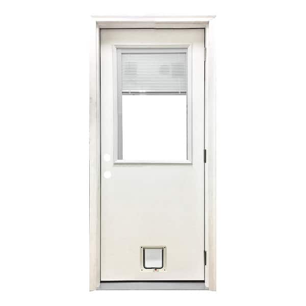 Steves & Sons 36 in. x 80 in. Reliant Series Clear Mini-Blind LHOS White Primed Fiberglass Prehung Front Door with Small Cat Door