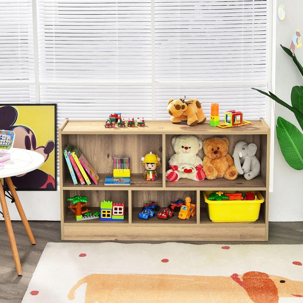 24 in. Brown Wooden 5 Shelf Children Storage Cabinet Bookcase Toy Storage Kids Rooms Classroom - thumbnail 2