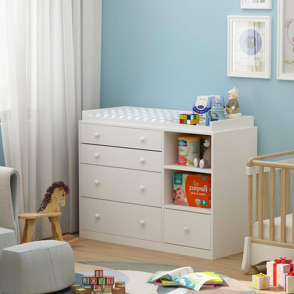 White Baby Changing Table with Recessed Changing Top, Removable Guard Rail, 5-Drawer Nursery Dresser for Diaper Changes