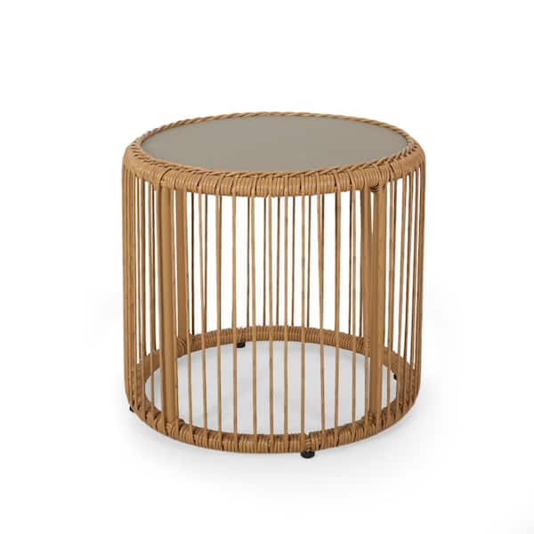 Noble House Pabrico Light Brown Round Faux Rattan Patio Outdoor Side Table with Tempered Glass Top