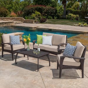 Honolulu Brown 4-Piece Faux Rattan Patio Conversation Set with Beige Cushions