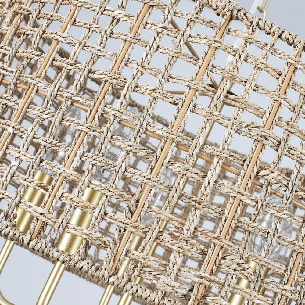 Gold and Rattan Drum Chandelier with Woven Shade