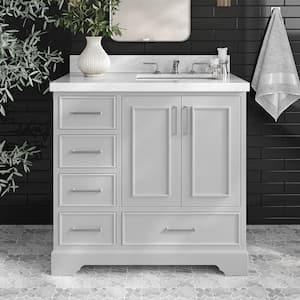 Stafford 37 in. W x 22 in. D x 36 in. H Right Single Sink Freestanding Bath Vanity in Grey with Carrara White Marble Top