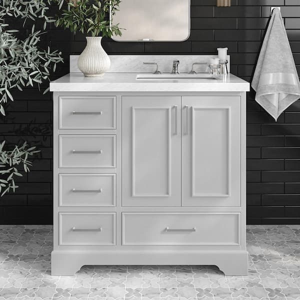 ARIEL Stafford 37 in. W x 22 in. D x 36 in. H Right Single Sink Freestanding Bath Vanity in Grey with Carrara White Marble Top