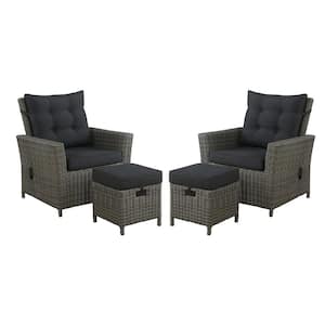 Asti 4-Piece All-Weather Wicker Outdoor Recliners with Dark Gray Cushion and 15 in. Ottomans with Dark Gray Cushion