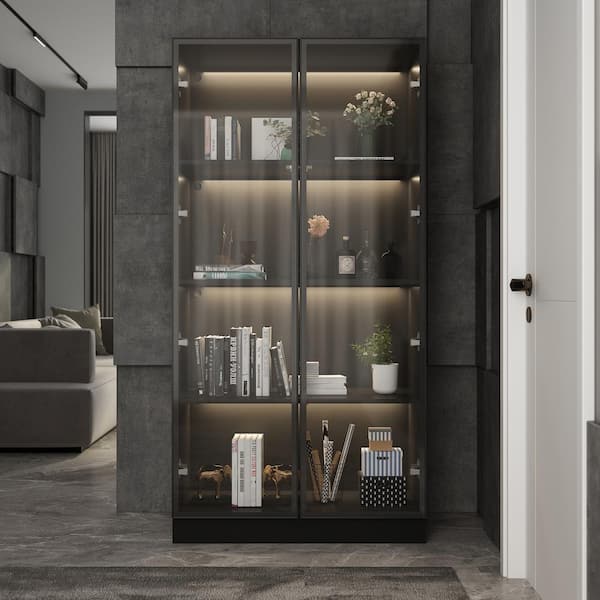 FUFU&GAGA 63 in. H x 31.5 in W Black Wood 3-Shelf Bookcase Bookshelf With 3-Color LED Lights and Tempered Glass Doors