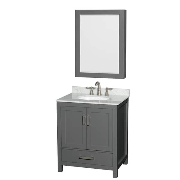 Wyndham Collection Sheffield 30 in. W x 22 in. D x 35.25 in. H Single Bath Vanity in Dark Gray with White Carrara Marble Top and MC Mirror