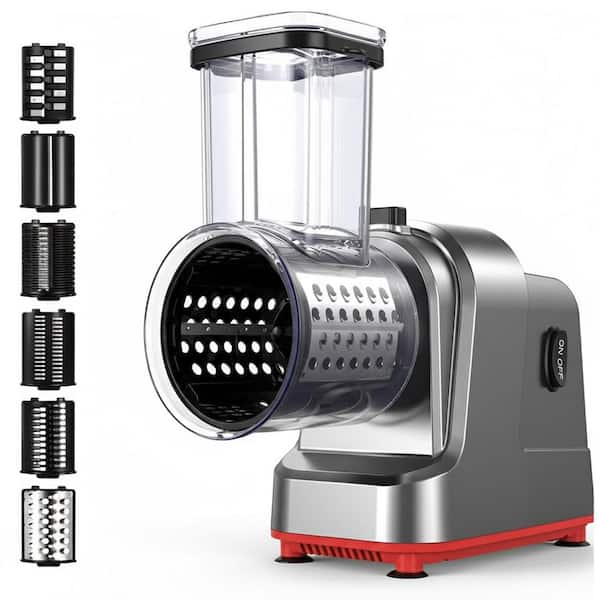 Gray Electric Cheese Grater with 6 Stainless Steel Blades and Powerful Motor for Slicing, Shredding, Chopping