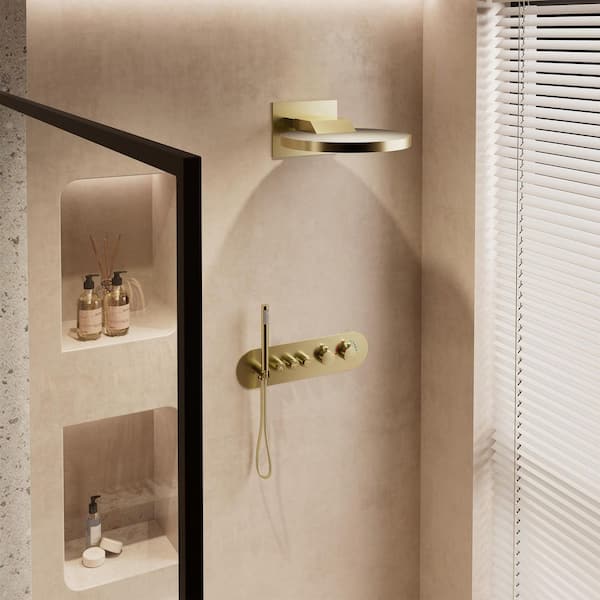 2-Spray 16 in. Thermostatic Dual Shower Head Wall Mount Fixed and Handheld Shower Head 2.5 GPM in Brushed Gold