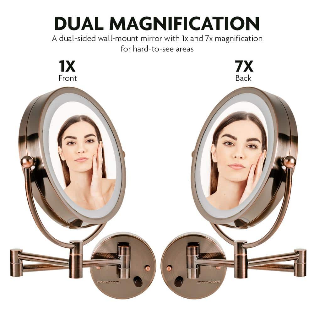 Antique Brass 8.5'' Round Wall-Mounted LED Vanity Makeup Mirror with 7X Magnification