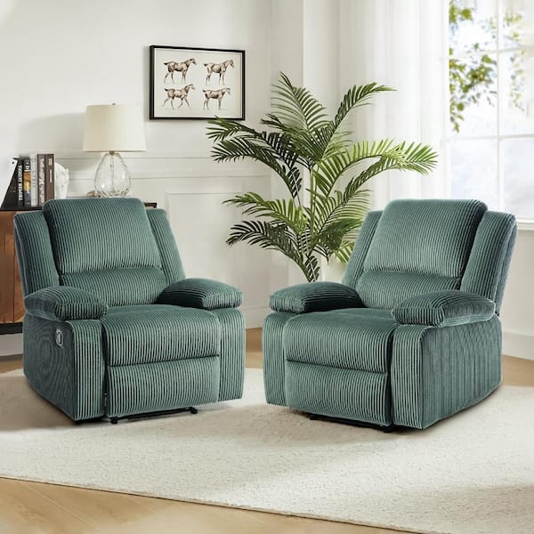 Luxury Gray Green Corduroy Fabric Upholstered Recliner Chair with Adjustable Backrest and Footrests (Set of 2)