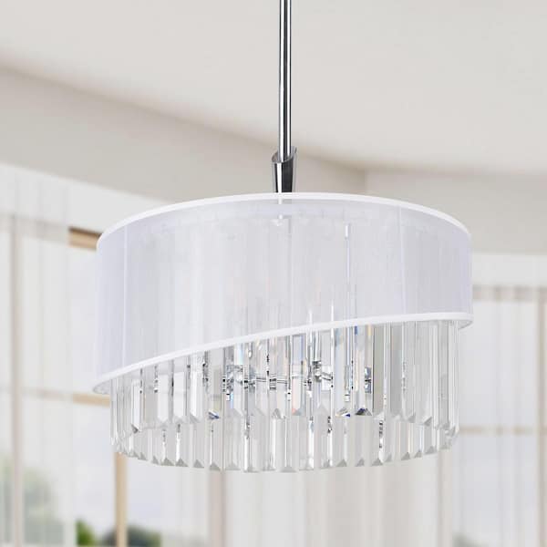 Modern 6-Light Silver Drum  Glam Chandelier with Geometric Clear Crystals and White Fabric Shade for Dining Room