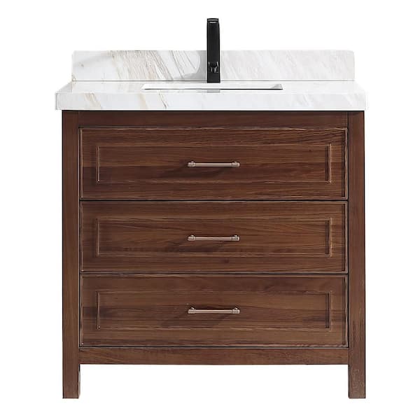 Luxury Ebony Series 36 in. 1 Freestanding Dark Brown Finish Bath Vanity with 2 in. White Natural Marble Top Assembled
