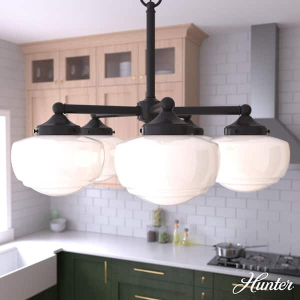 Hunter Saddle Creek 5-Light Noble Bronze Schoolhouse Chandelier with Cased White Glass Shades