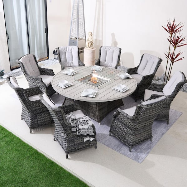 Ailbhe 9-Piece Gray Wicker Aluminum Outdoor Fire Pit Dining Set with Gray Cushions