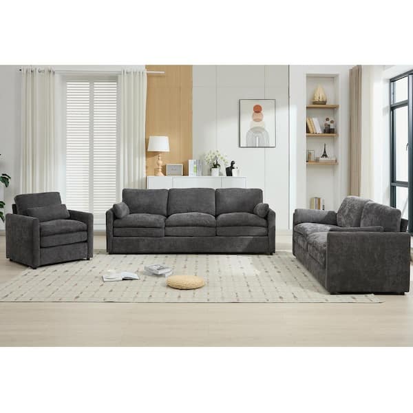 3-Piece Gray Chenille Living Room Set with Loveseat and Single Sofa
