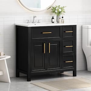 36 in. W x 18.3 in. D x 33.9 in. H Single Sink Black Bath Vanity with White Ceramic Top, Two Doors and Three Drawers