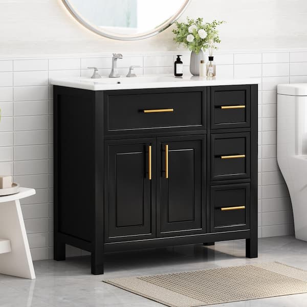 36 in. W x 18.3 in. D x 33.9 in. H Single Sink Black Bath Vanity with White Ceramic Top, 2-Doors and 3-Drawers
